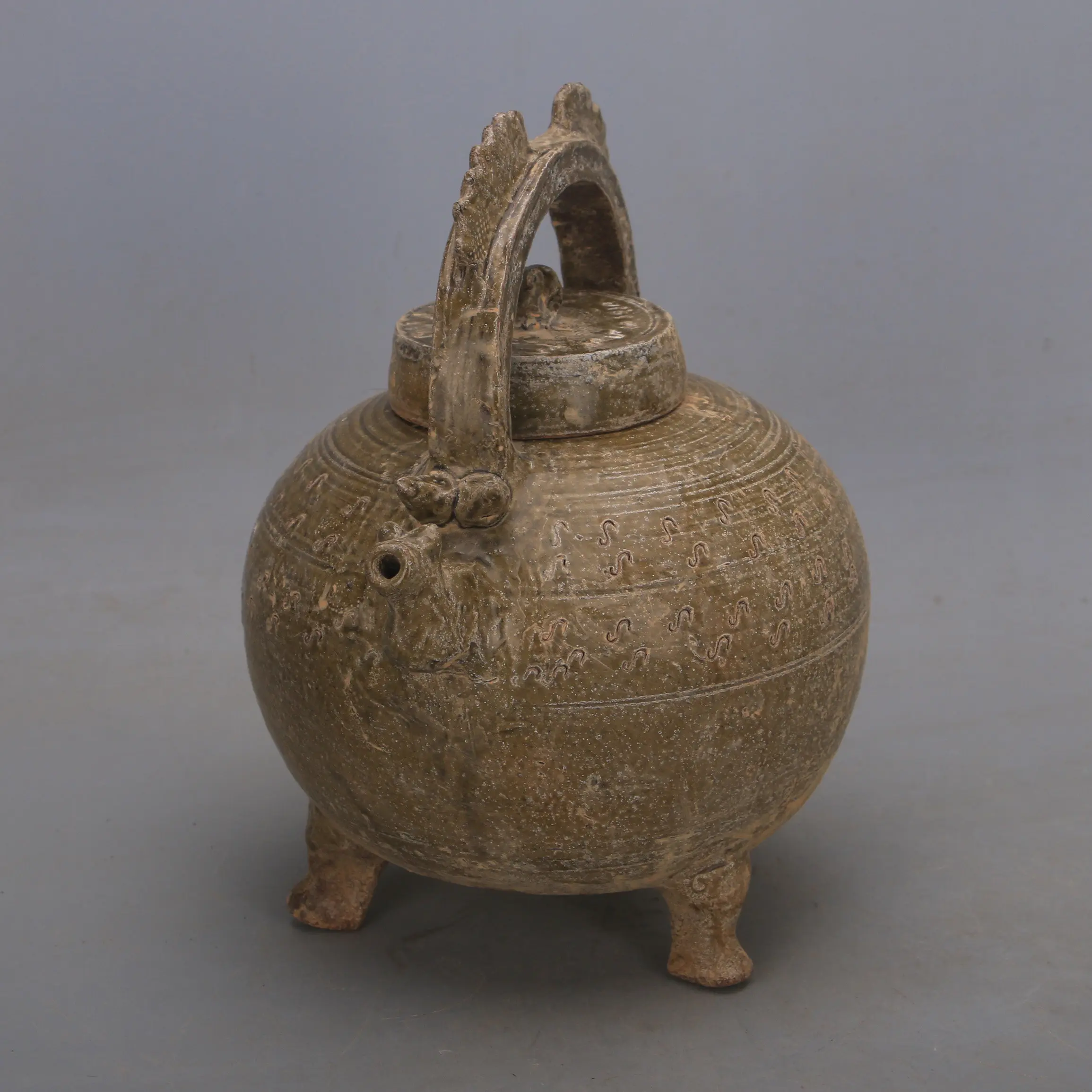 Song Yue Kiln Style Mi Se Celadon Octagonal Ewer with Carved Floral Pattern Home Decor Collectible Handmade Vintage Reproduction