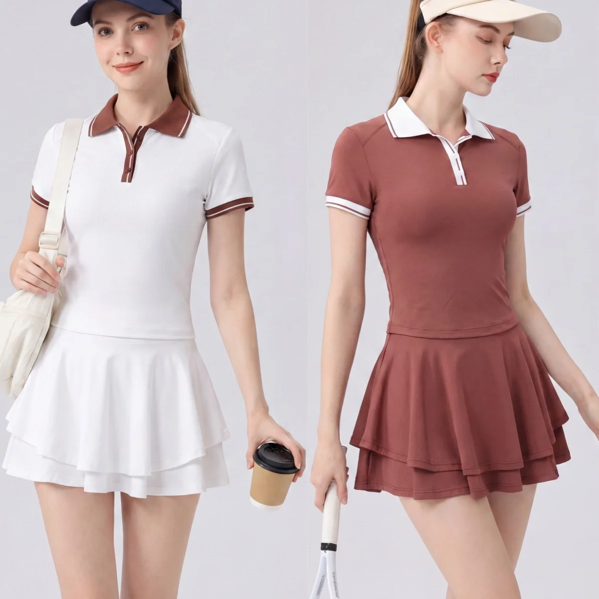 Summer Golf Leisure Sports Suit Contrasting Color Polo Neck Short Sleeve T-Shirt Tennis Suit Women's Anti-light Tennis Skirt Set