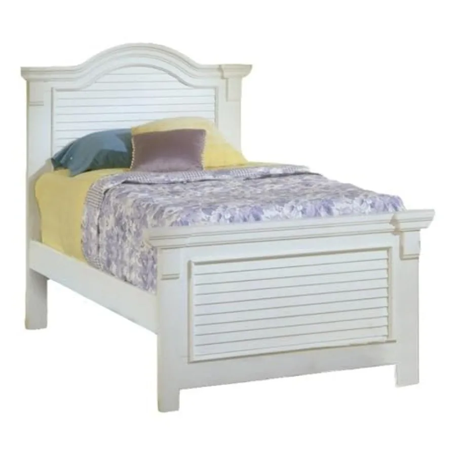 

Modern Farmhouse Twin Panel Bed, Eggshell White Finish, Solid Hardwood and MDF, Decorative Louvered Inserts, Arched Headboard,