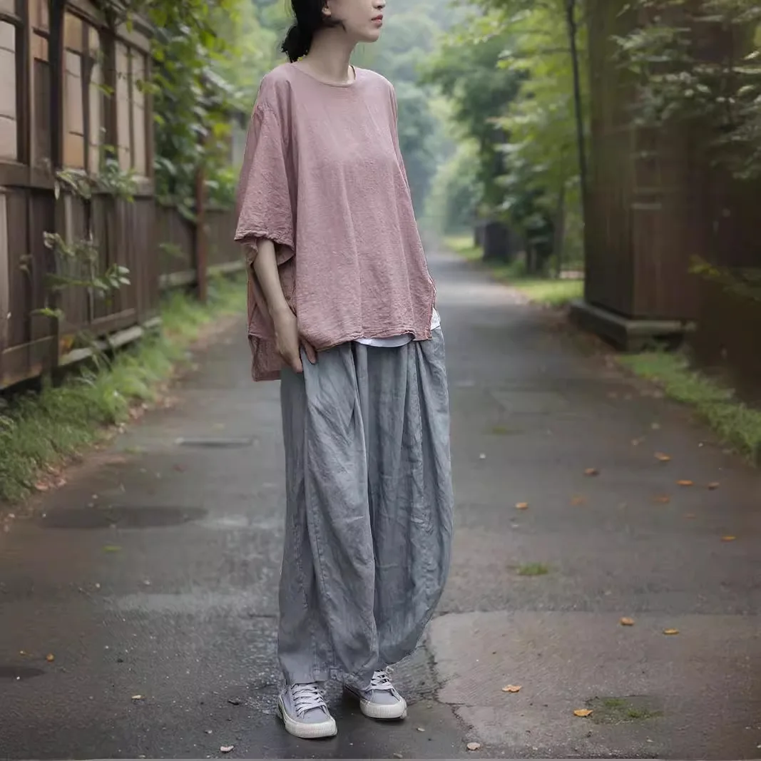 

Literary and elegant cotton and linen T-shirt, small man, thin, breathable and comfortable, irregular clip top, fashionable and