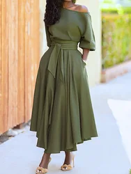 Sexy Off Shoulder Solid Long Dress Women 2024 Fall Elegant Lace Up Bind Waist Maxi Office Dresses For Women Robe Femme