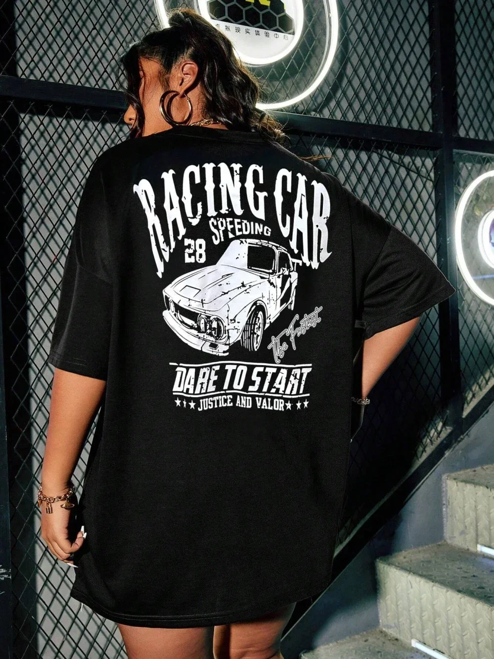 Racing Car Speeding Dare To Start Justice And Valor Tshirt Women Cotton Short Sleeve Street Loose Clothes Summer Casual Tshirts