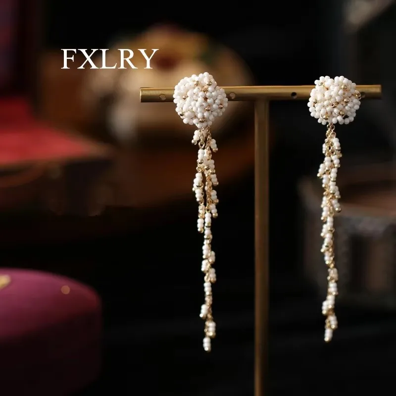 FXLRY Original Design Handmade Millet Bead  Earrings With Pearl Pendant For Women Jewelry