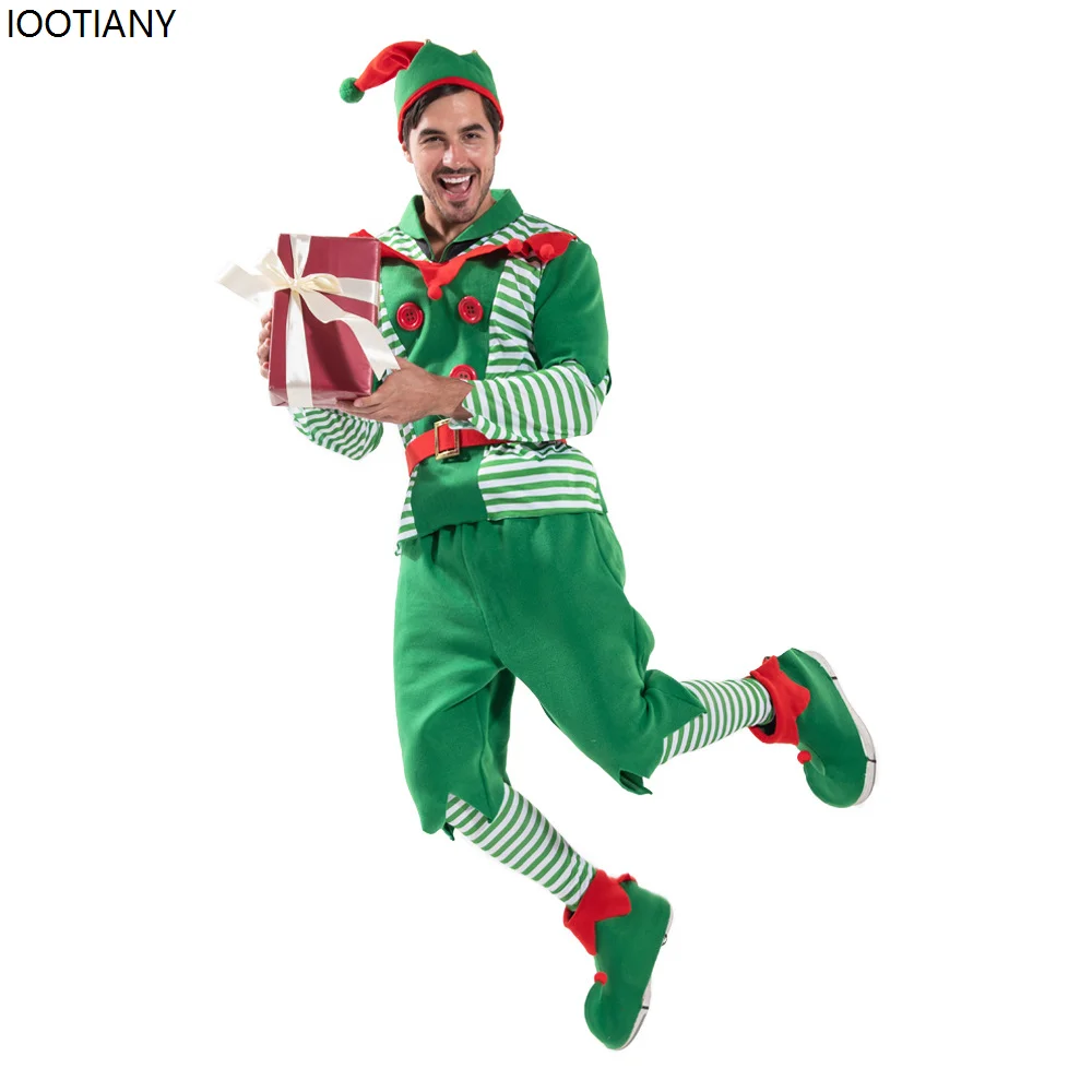 Kerst Outfits Mannen Gestreepte Kerst Elf Cosplay Kostuum Xmas Performance Dress Up Festival Feest Podium Fancy Dress Nieuw