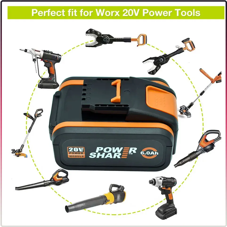 Számára worx WA3553 20V 6.0ah Tettlegesség cordless áram Munkaeszköz Zsírtalan batteriies WA3551 WA3572 WA3553 WX390 WX176 WX178 Kelt tészta