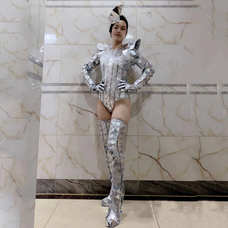 Shiny Mirror Costume Silver Reflective Lens Bodysuit Boots Covers Women Jazz Clothes Nightclub Bar Dj Ds Rave Outfit XS4920