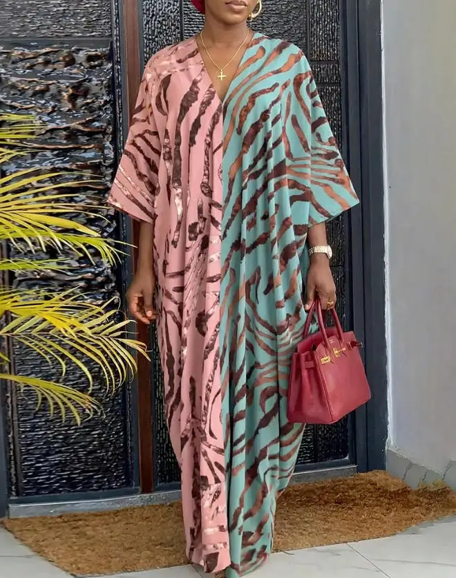 

Women's Dress Summer New Color Blocked Leopard Print V-Neck Loose Straight Tube Five Quarter Sleeve Casual Women's Long Dress