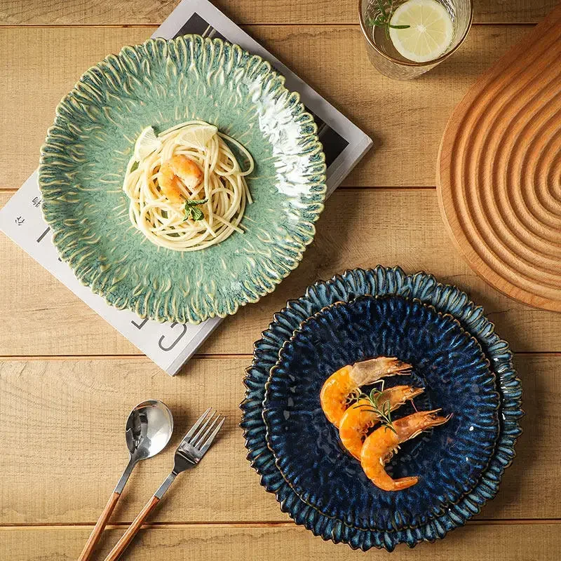 1PC Japanese Retro High Grade Ceramic Plate Creative Kiln Change Lace Shallow Dish Household Western Pasta Tableware