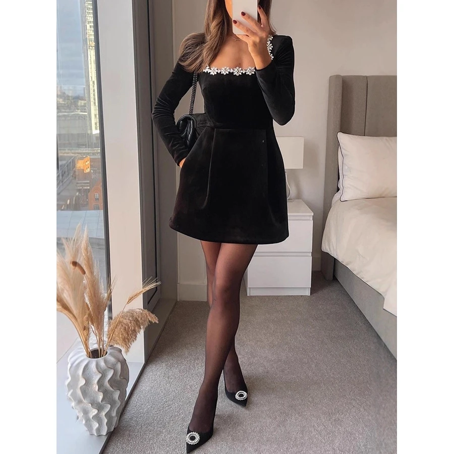 Ele ort Velvet Dr avec embellissement de diamants col carré Long Sve Midi Dr pour femme automne hiver Faion