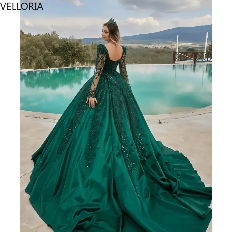 Groene baljurk luxe avondjurk met lange mouwen sprankelende applique 2025, nieuwe collectie feestjurk vestidos de fiesta op maat
