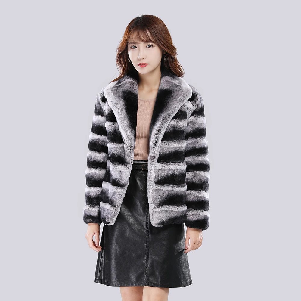 핫세일 여성 리얼 퍼 코트 큰 라펠 칼라 숏 렉스 래빗 재킷 풀 펠트 퍼 친칠라 색상 두꺼운 따뜻한 여성 코트