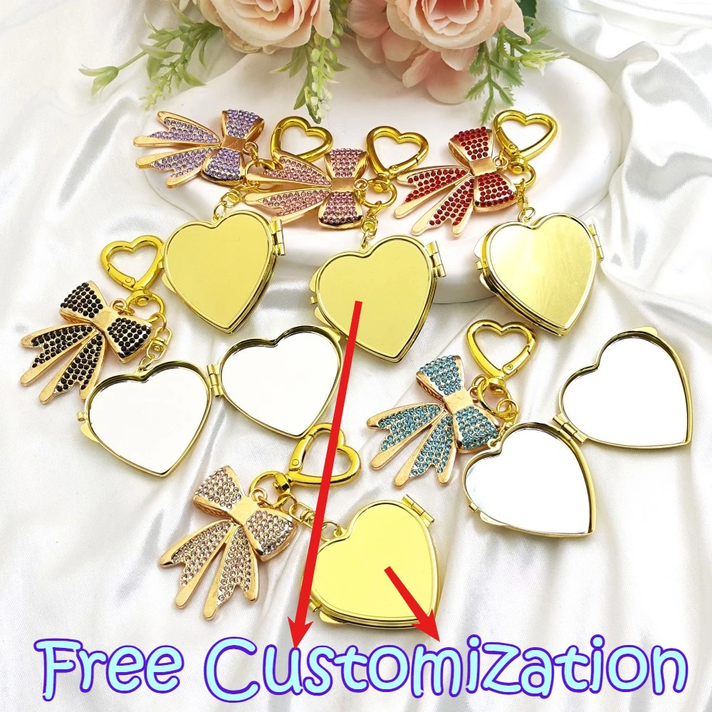 

Free Customization Stainless Steel Heart Key Ring Mirror Diamond Bow Name Key Chain Double Keychain Bag Women Keyring Men Gift