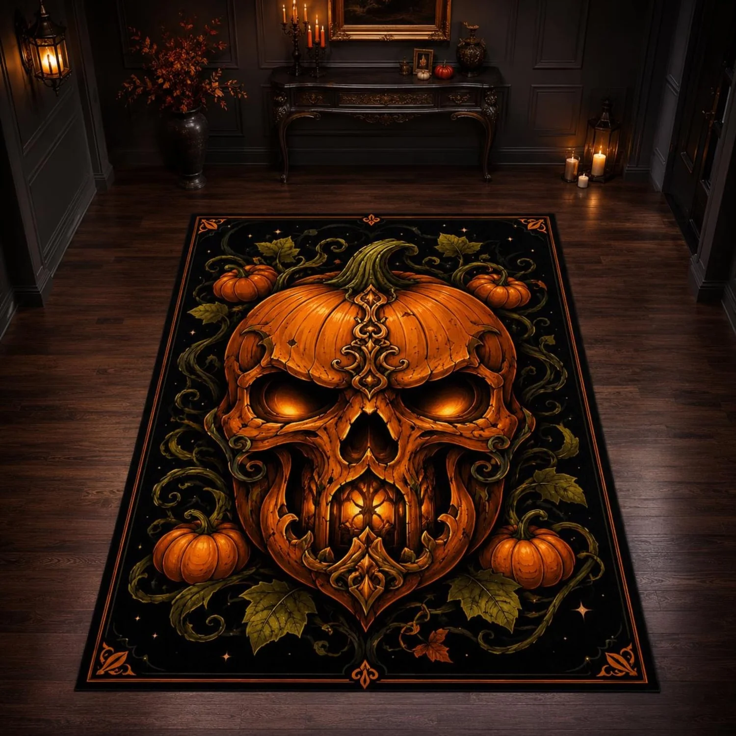 Pumpkin Skull Rug, Gothic Halloween Carpet, Spooky and Terrifying Fall Decoration.