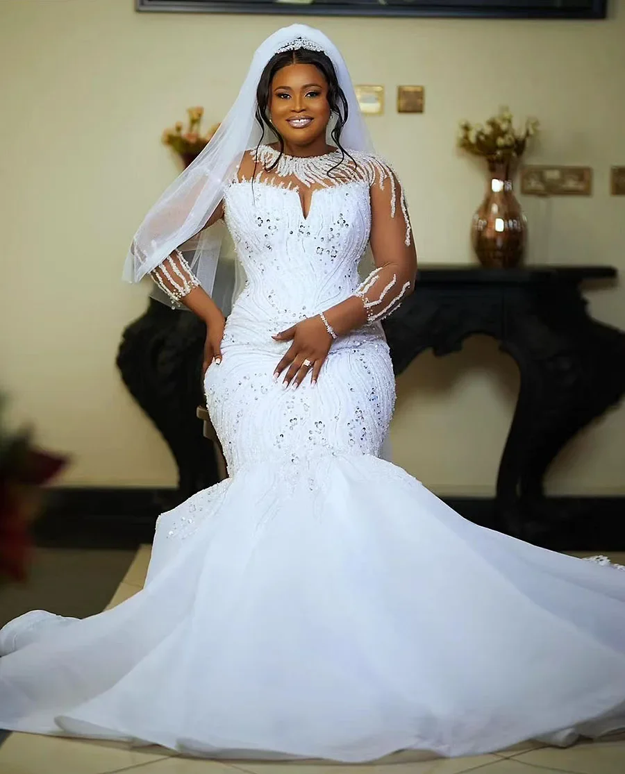 

African Wedding Dresses Mermaid Scoop Beads Long Sleeves Tulle Appliques Aso Ebi Women Luxury Bridal Gowns for Black Girls