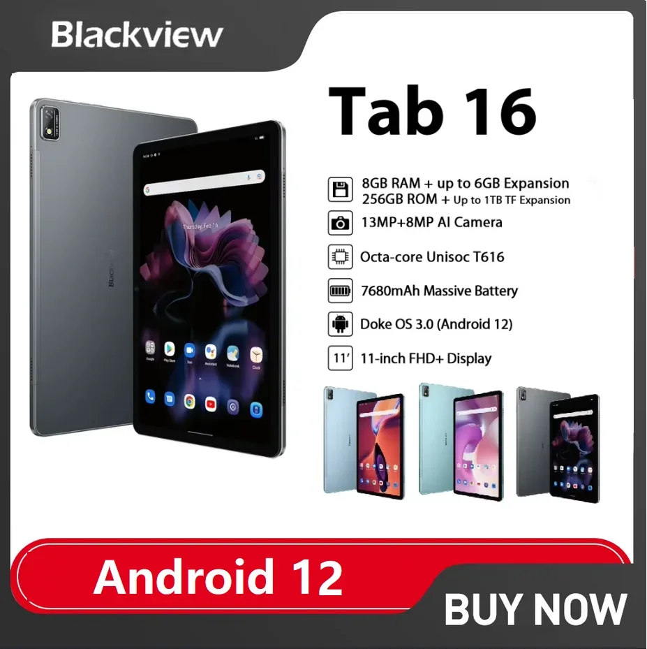 Blackview Tab 16 Tablet Pad 11 ''2K FHD + Display Pad Android 12 T616 Widevine L1 8GB 256GB 7680mAh 13MP Camera Dual 4G Tabletten