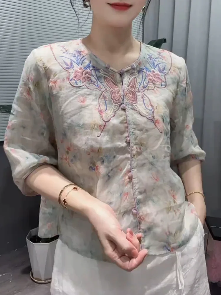 

Женская блузка с вышивкой, больших размеров, модная, стройнящая, летняя, новая, в китайском стиле, прямого кроя, для повседневной носки