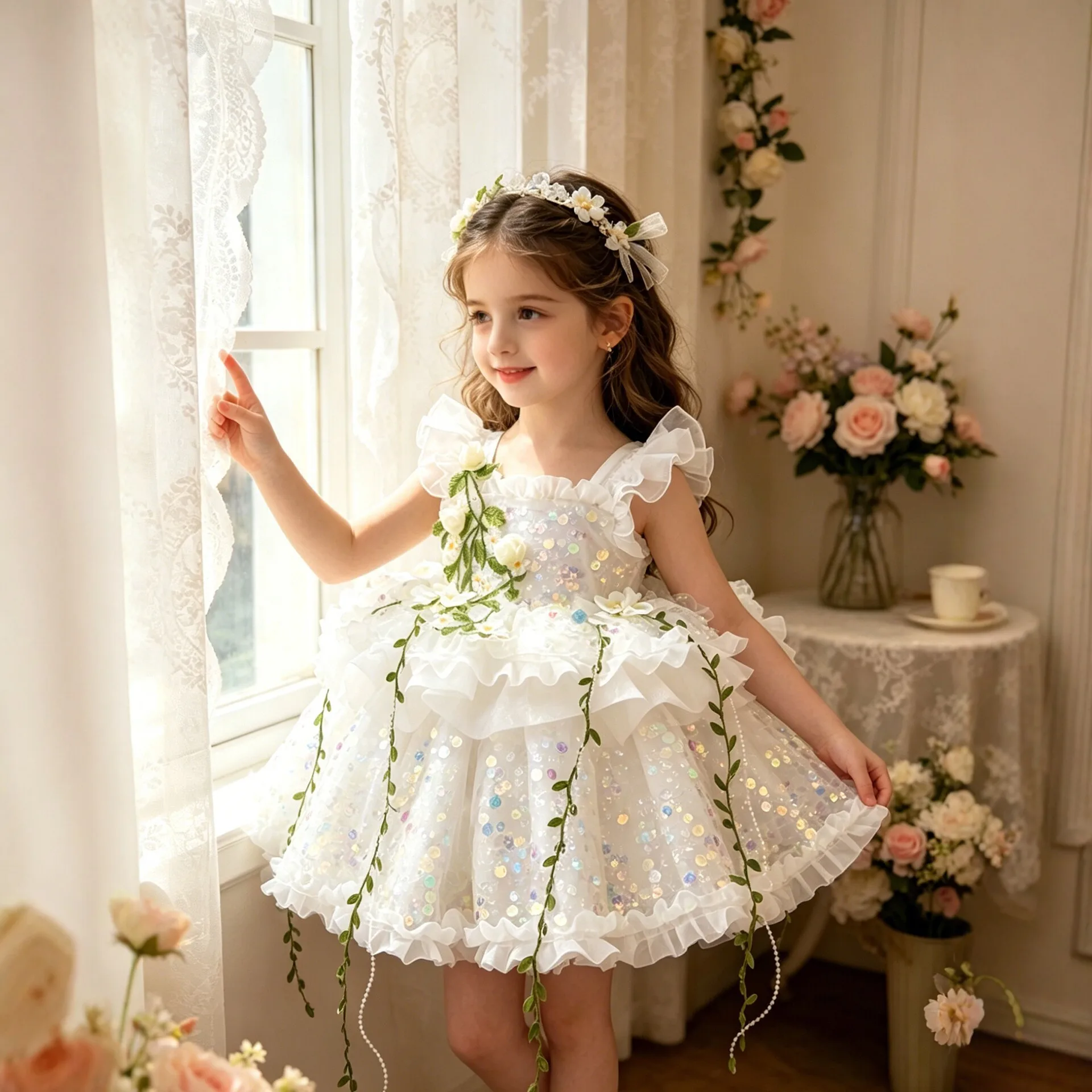Weißes Paillettenkleid für Kinder, Lolita-Prinzessinnenkleid, Rüschen, ärmellos, 3D-Blumenranken-Dekor, gerüschter Tüllrock, Hochzeits-Blumenmädchen-Outfit – Detail 5