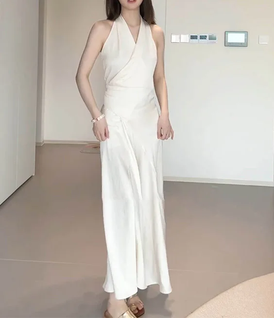 

2025 Women's Clothing One-piece tie waist halter neck sleeveless dress Spring Summer New 0707