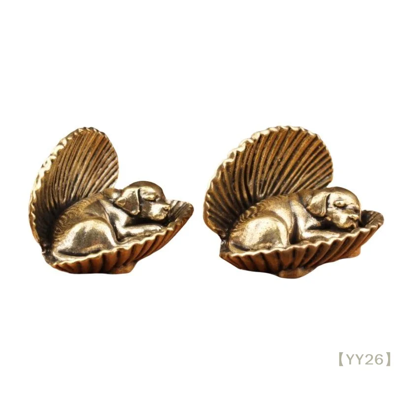 【YY26】Solid Brass Sleeping Puppy in Seashell Figurine – Retro Antique Desk Decor Collectible Gift