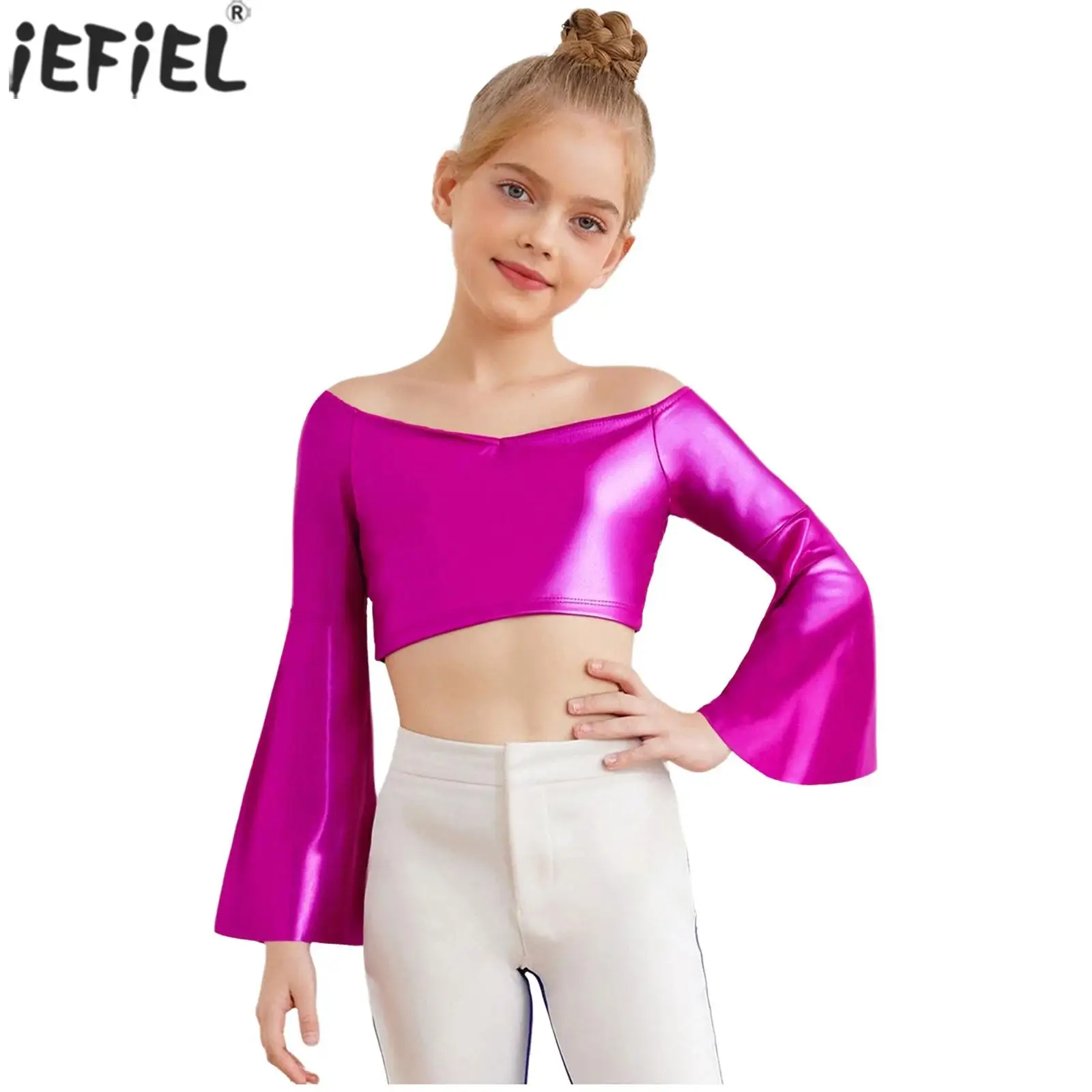 Kids Girls Jazz Dance Metallic Crop Top Long Flared Sleeve Off-Shoulder Tops for Hip Hop Street Dancing Party Stage Performance