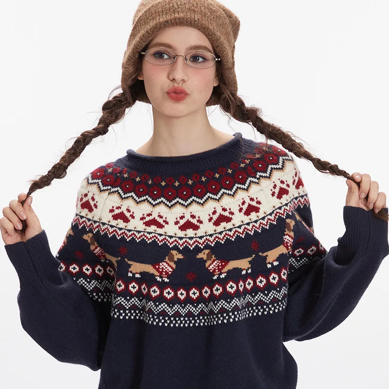 Viya Fall-Winter 2024 Fair Isle Vintage Contrasting Couple Sweater Men's Jacquard Loose Jumper Knit