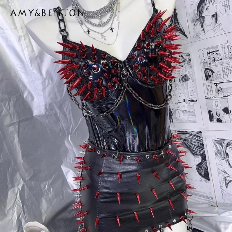 

European American Punk Dark Y2K Hot Girl Women's Bodysuit 2025 Goth Rivet Chain Glossy Sweet Cool Sexy Mini Skirt Suit Ladies