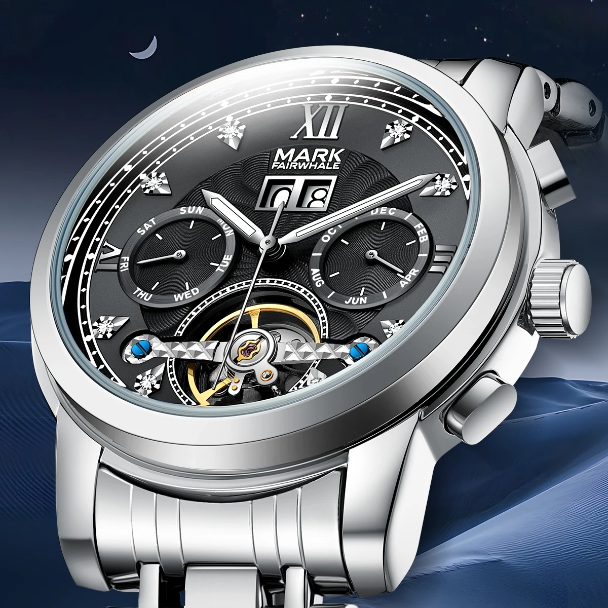 

Mark Fairwhale Luxury Diamond Inlaid Wave Texture Mechanical Dial Automatic Watch Complete Calendar Tourbillon reloj hombre