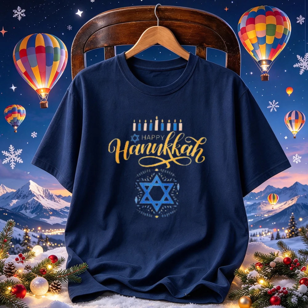Happy Hanukkah Calligraphy Menorah Star of David Graphic Print Tees Elegant Jewish Festival of Lights Holiday Streetwear T-Shirt