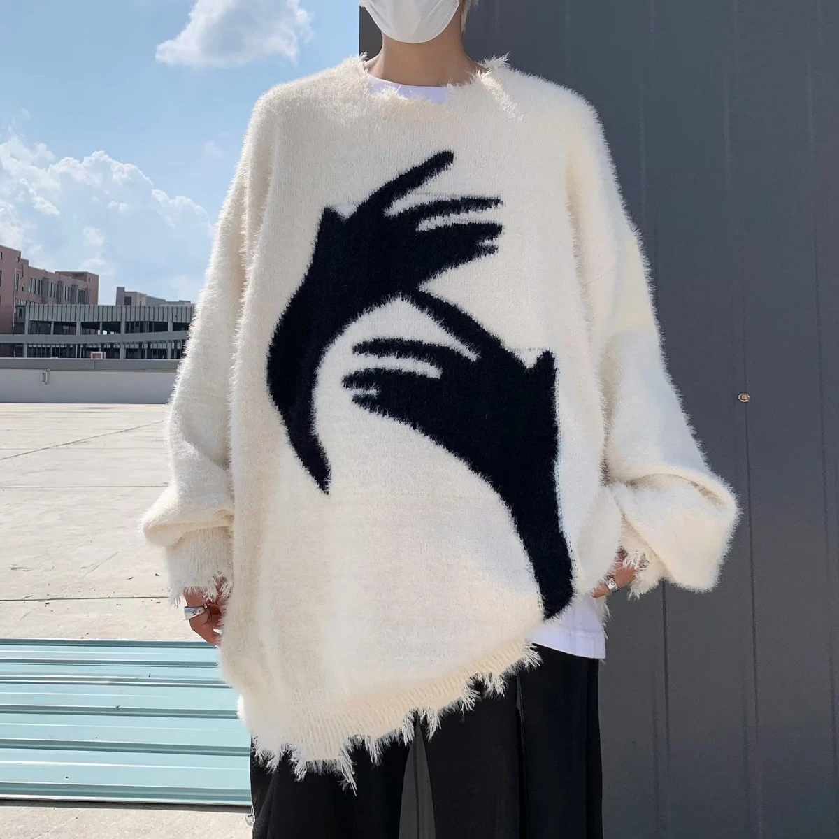 

Cleanfit Men's Autumn Winter Lazy round Ne Knitted Sweater Color Blo Destroy Sle American Hiphop High Street Coat