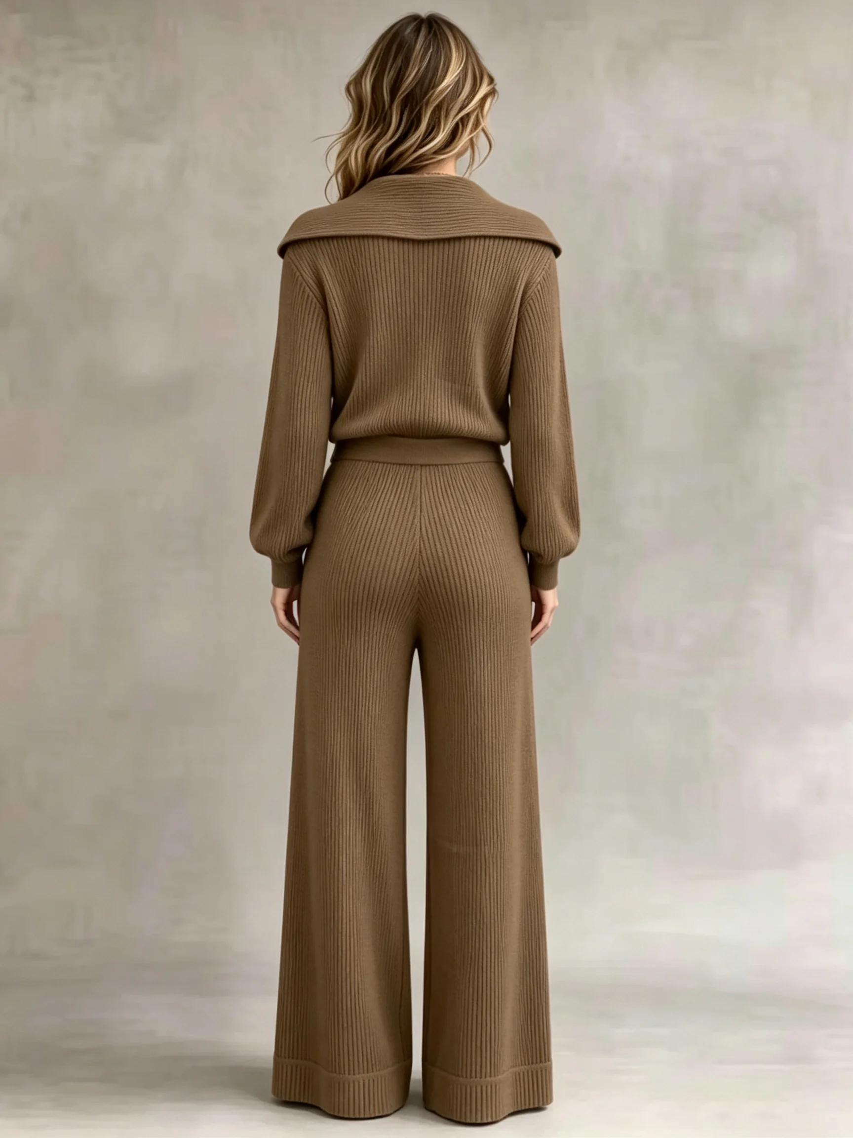 Women‘s Knit Two Piece Set Solid Color Lapel Cardigan Bow Pocket Wide Leg Pants Minimalist Korean Style Relaxed Commuting Busine