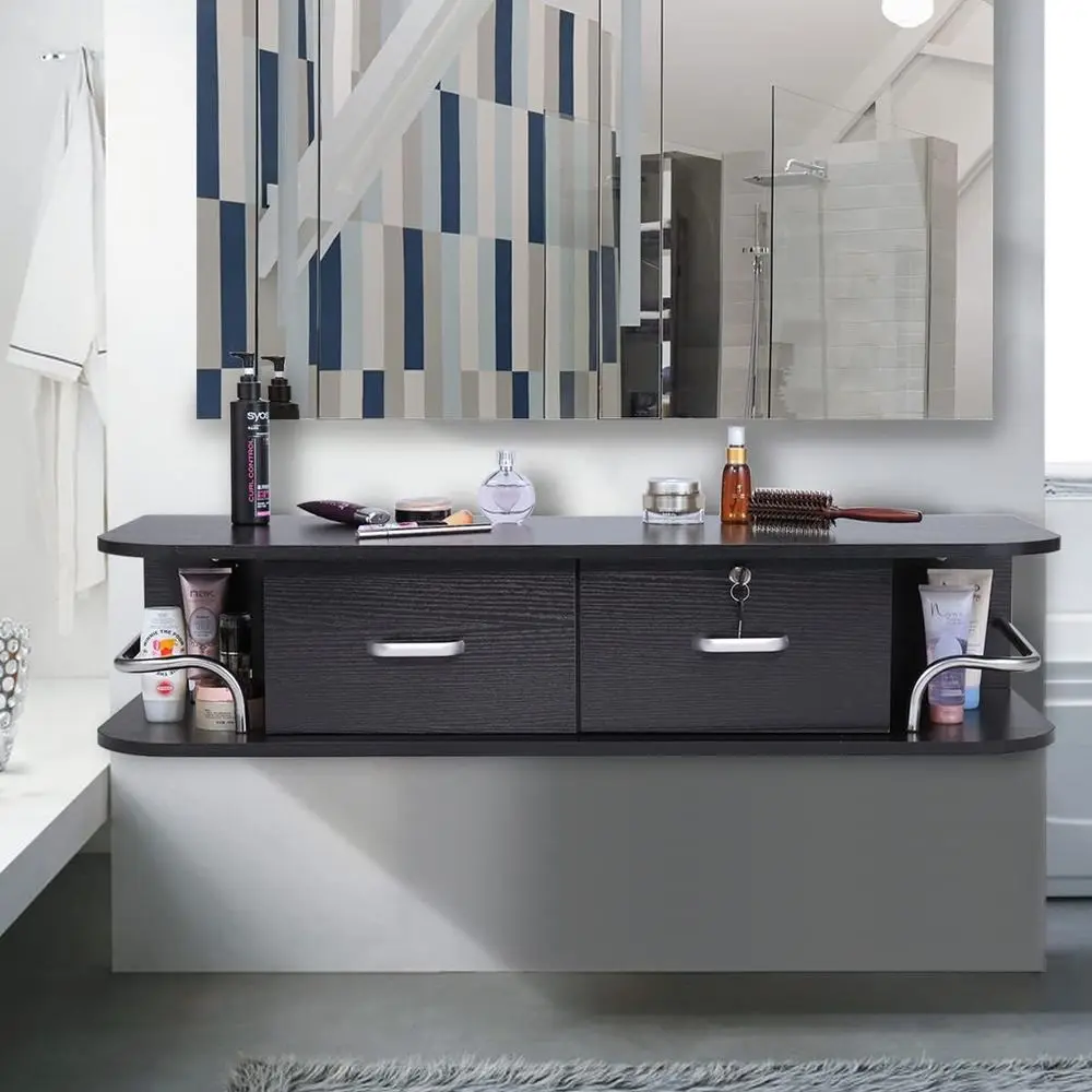 Wall Mount Hair Station, Barbershop Equipment Cabinet with Locking Drawers, Space Saving Bathroom Drawer, Black