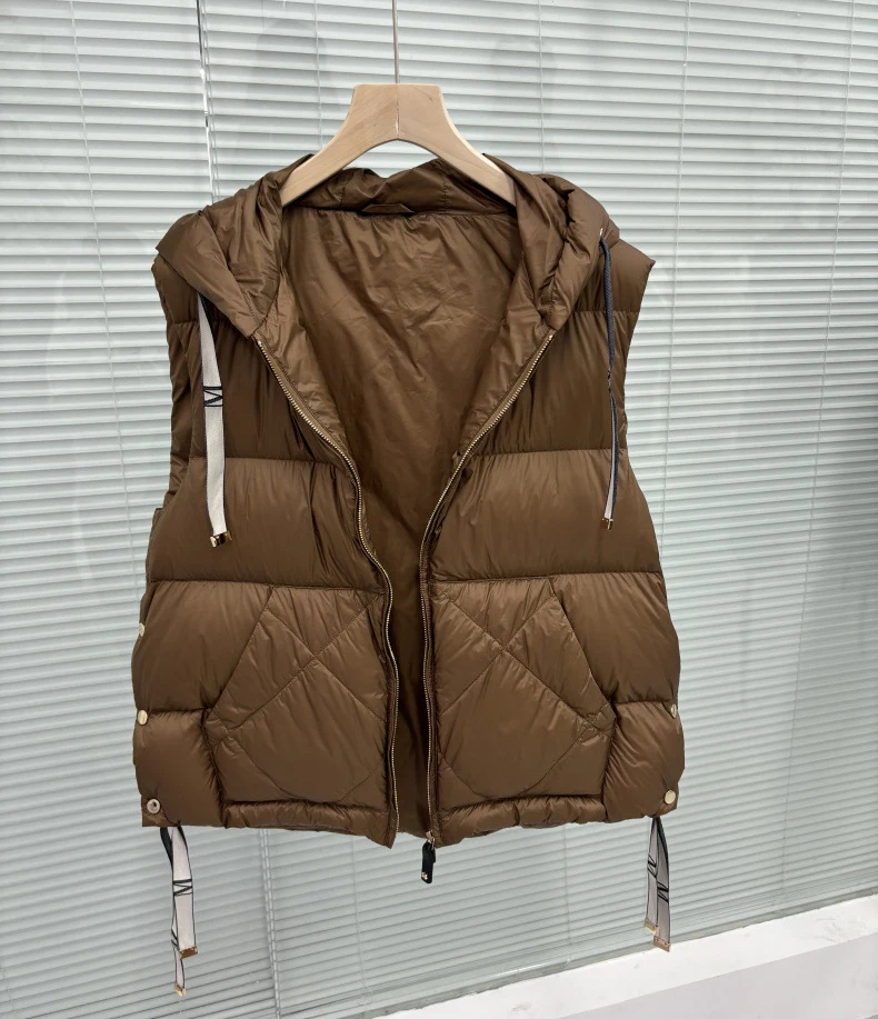 Schinteon Women 90% White Duck Down Vest with Hood Casual Sleeveless Jacket Simple Solid Color Fashionable Autumn Winter Top New