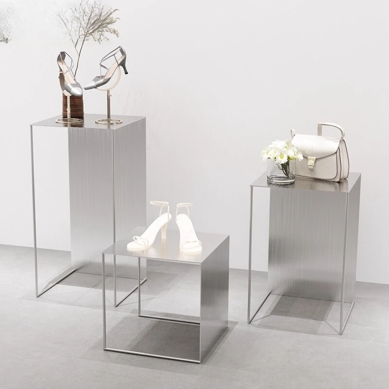 Clothing store display rack window decoration booth stainless steel silver running water table shoe bag middle island table high
