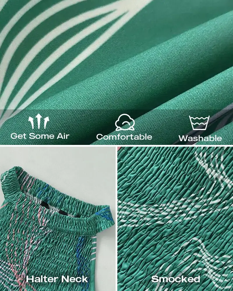 Mulheres verão solto longo abstrato linha impressão halter sem mangas plissado hem vestido casual shirred cintura cinched maxi vestido