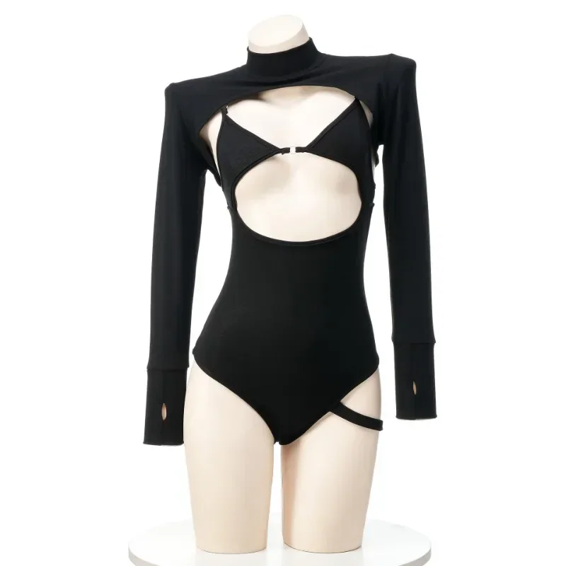 Anime Hollow Long Sleeve Swimsuit Women Black Bodysuit Cosplay Costume Swimwear with Cover-up Girls Slim Fit Underwear Outfit