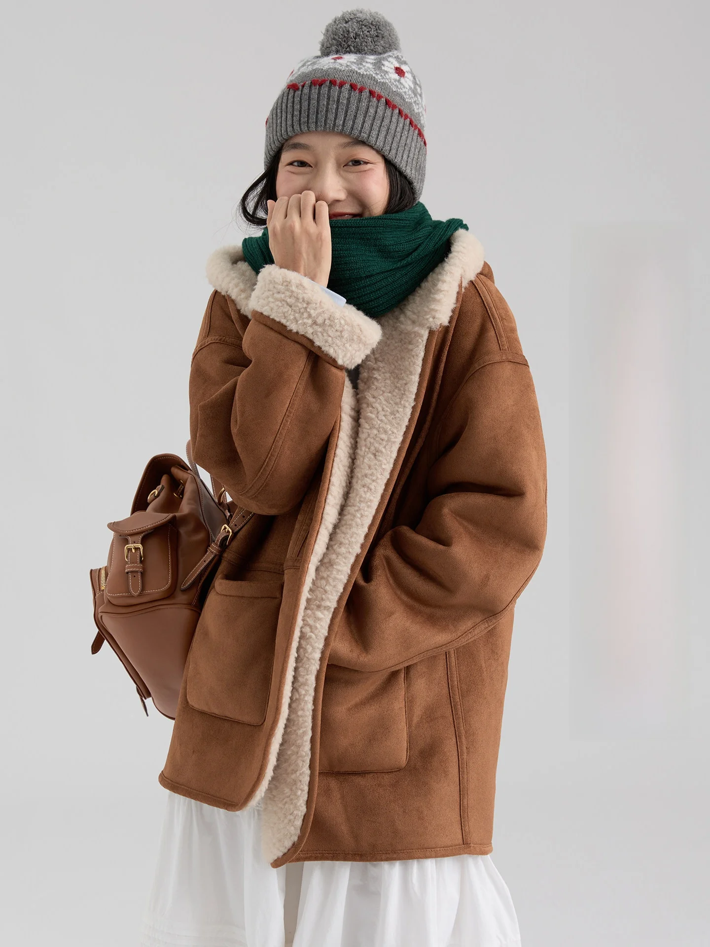 

Dwind2026 Winter New Women's ort Loose Fur And Leather Inteated Warm Coat with Hood Elastic Fiber Polyester Jaet