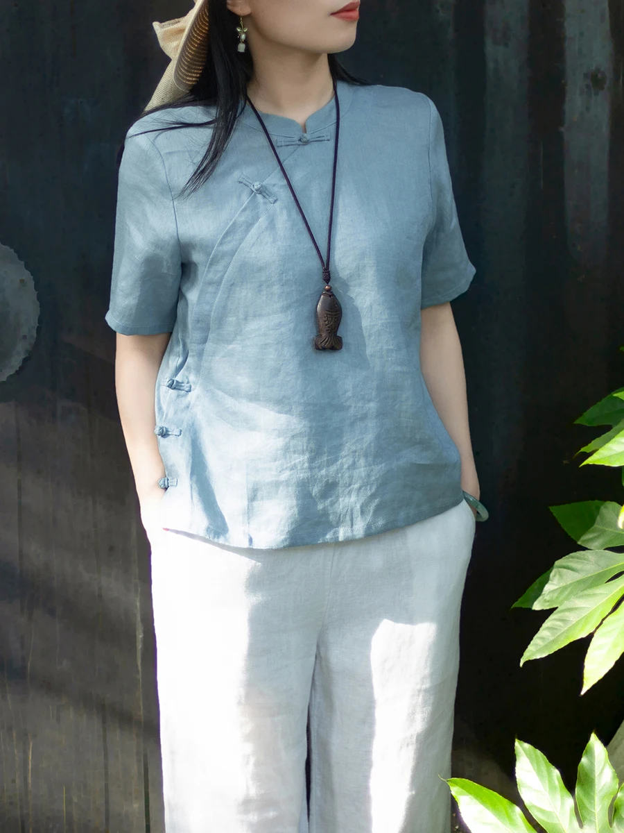 

Новая китайская женская льняная рубашка с коротким рукавом, на пуговицах спереди, с охлаждающим эффектом, дышащая, с защитой от УФ-излучения, тонкая модель