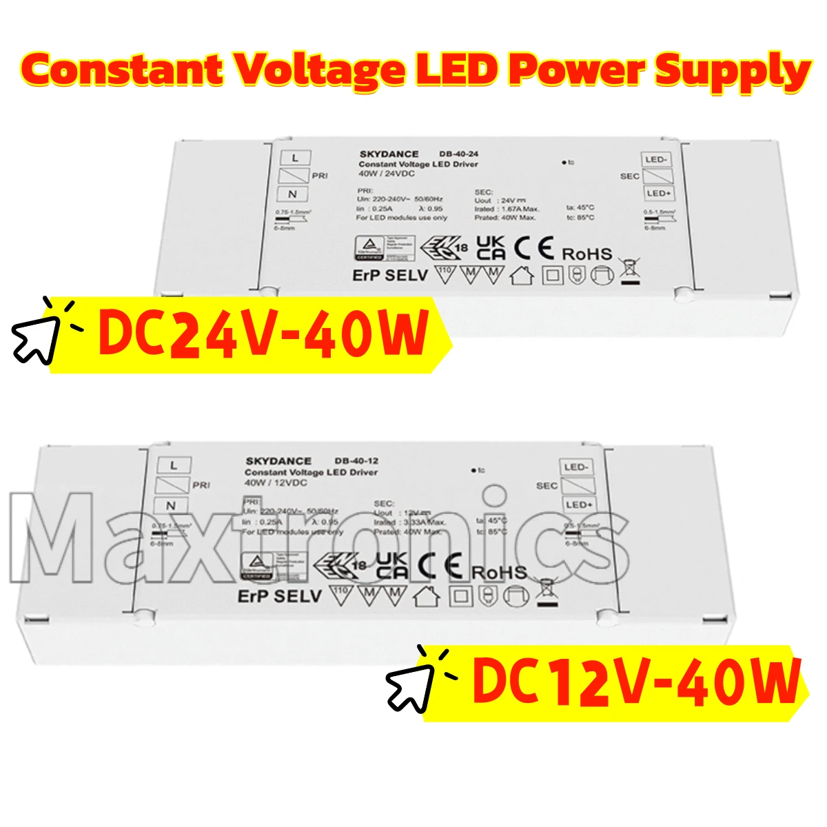 

Блок питания SKYDANCE DB-40-24/12 40W 12В/24В с постоянным напряжением и низким энергопотреблением для одноцветных светодиодных лент