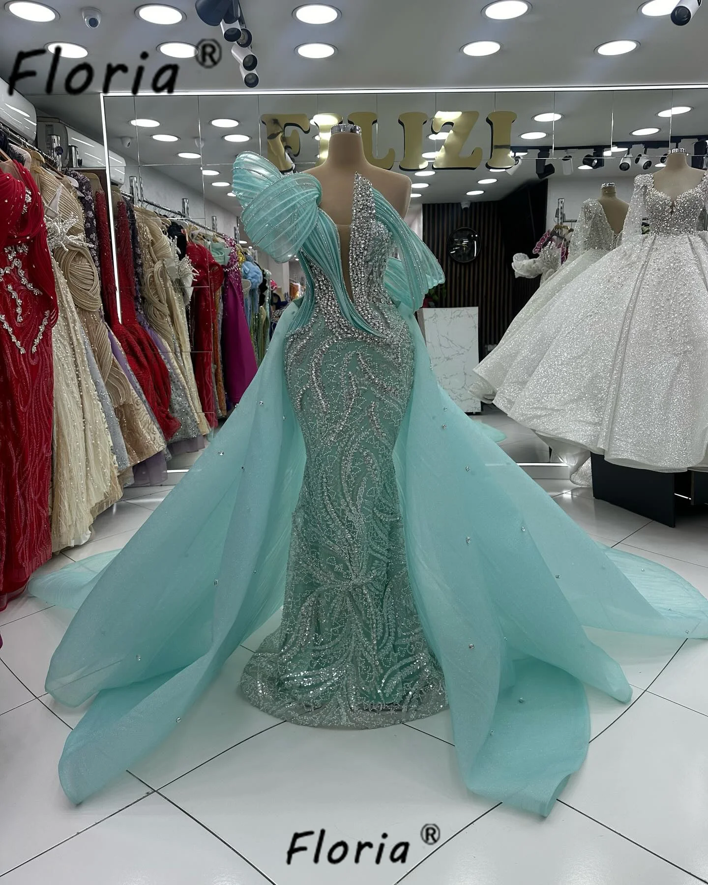 Personalizado de luxo hortelã verde frisado sereia vestidos festa dubai mulher contas cristal noite vestido casamento formal noche