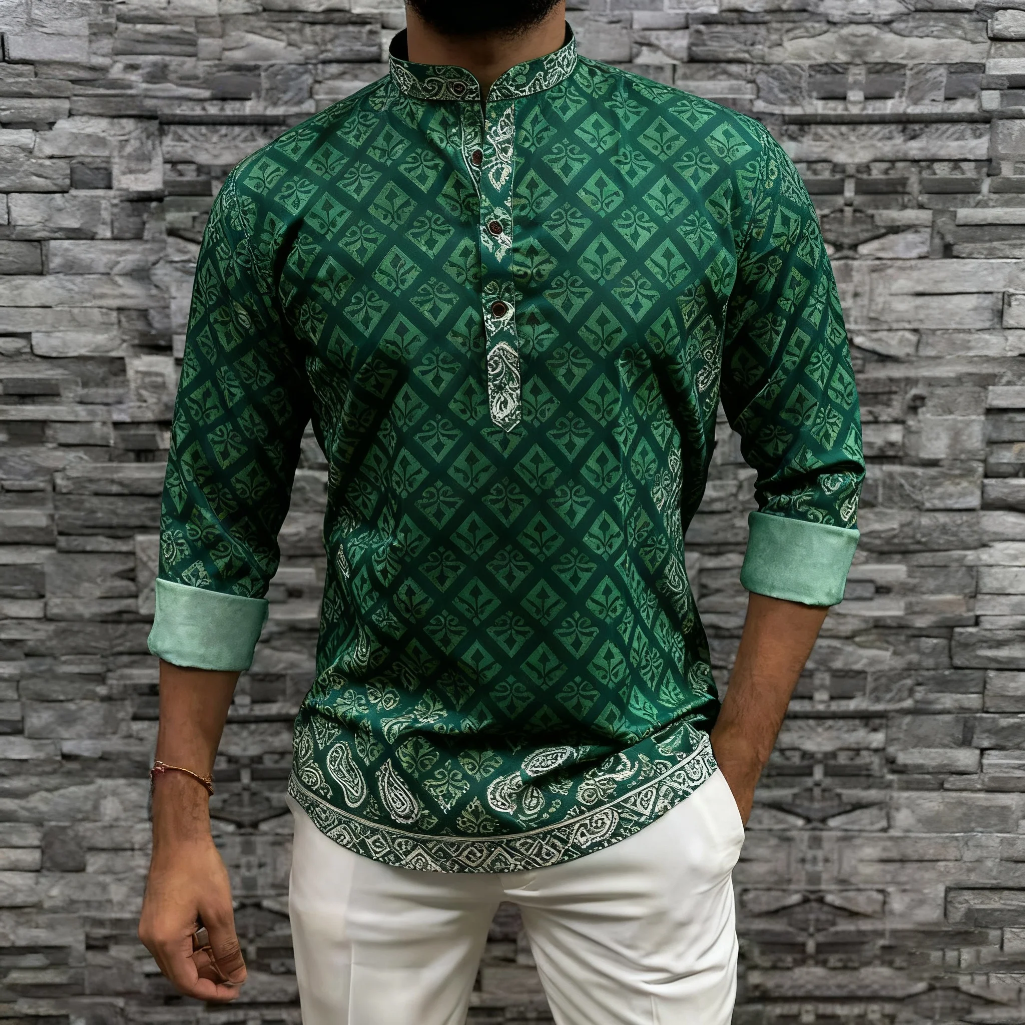 قميص رجالي مسلم بسيط قميص غير رسمي نمط الطباعة العرقية قميص طويل الأكمام الوقوف طوق البرق رقيقة الملابس الإسلامية رجل