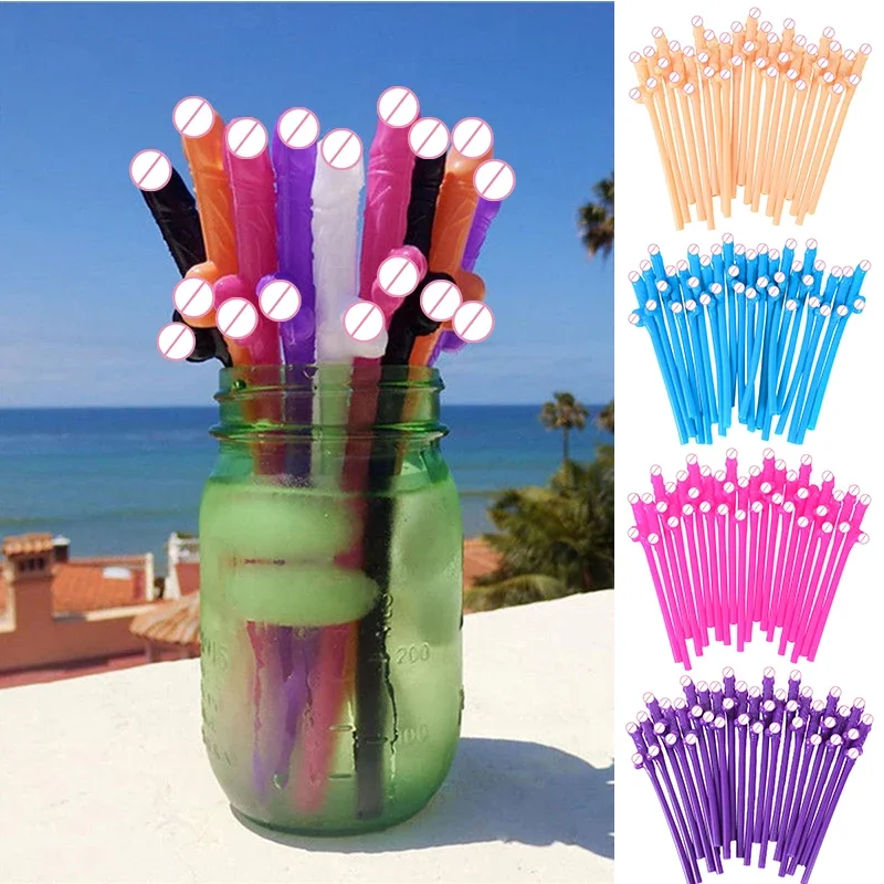 100pcs Bachelorette Party Penis Straws Plastic Novelty Nude Dick Drink Straw For Hen Night Bar Decor Wedding Team Bride Supplies