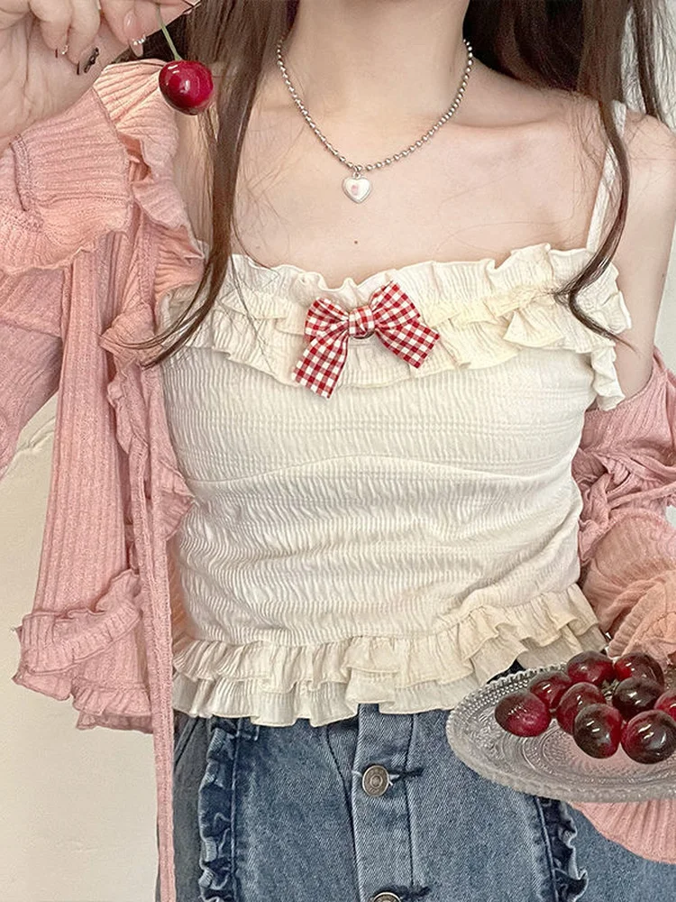 KOSAHIKI Kawaii Candy Color Crop Top Women Japanese Lolita Sweet Tank  Boe Ruffle Short Tee Shirt All Match Cute s Summer