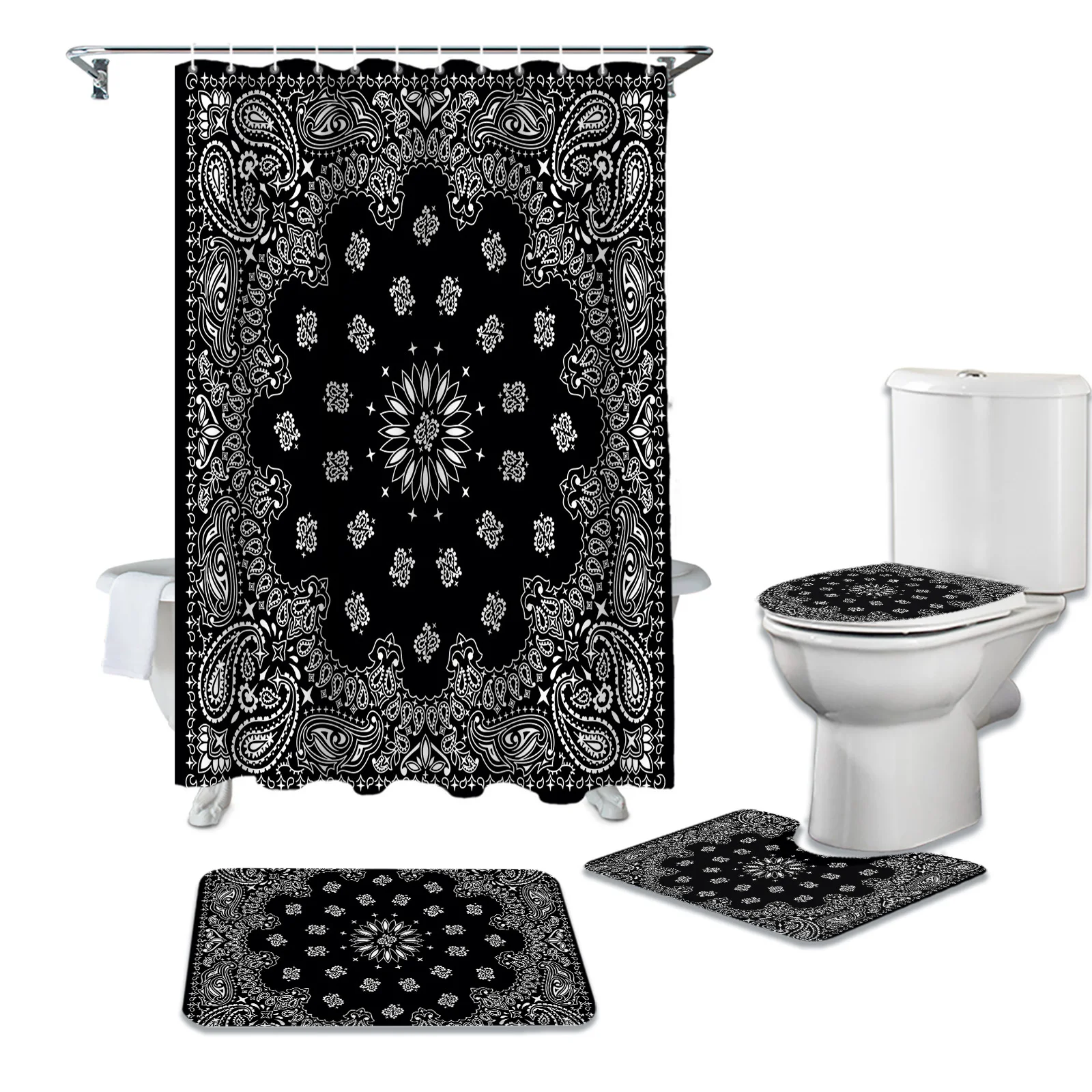 Black Bandana Shower Curtain Sets Non-Slip Rugs Toilet Lid Cover and Bath Mat Bathroom Curtains Set