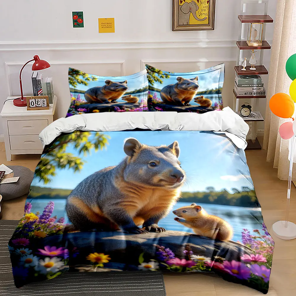 3Pcs Quokka Mom and Baby Lakeside Floral Duvet Cover Set, Wildflower Nature Bedding Single Double King Queen, Gift