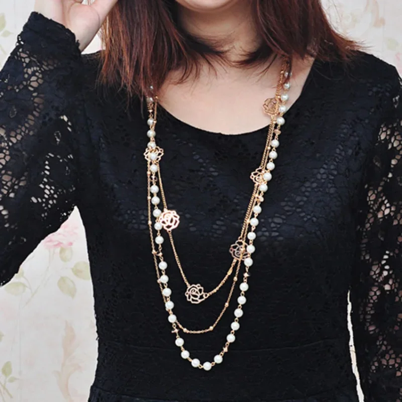 Popular Long Sweater Chain with Multi layer Pearl Rose Blossom Women's Clothing Accessories Necklace
