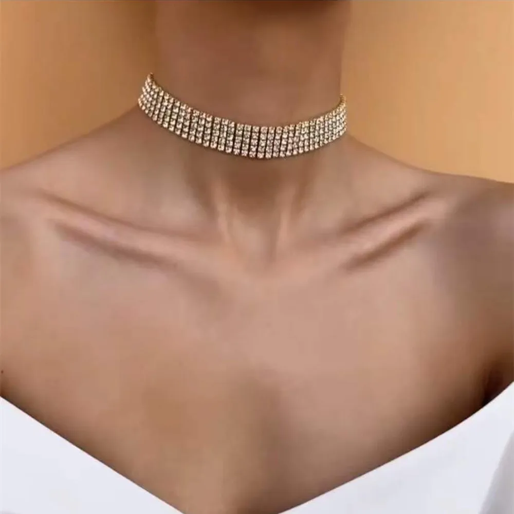 

Shiny 5 Rows Rhinestone Sexy Short Choker Necklace Wedding Jewelry for Women Crystal Clavicle Chain Collar Choker Accessories