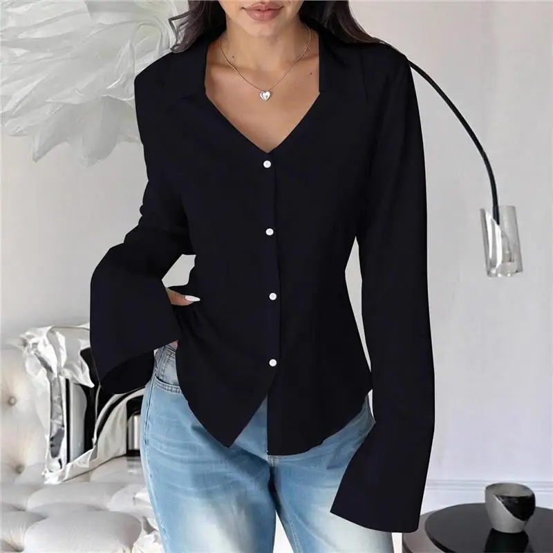 Slim Fit Bell Sve irt Women's Waist Cinching Layering V Ne Slimming ort Sve Long Sve Women's Top French Sle