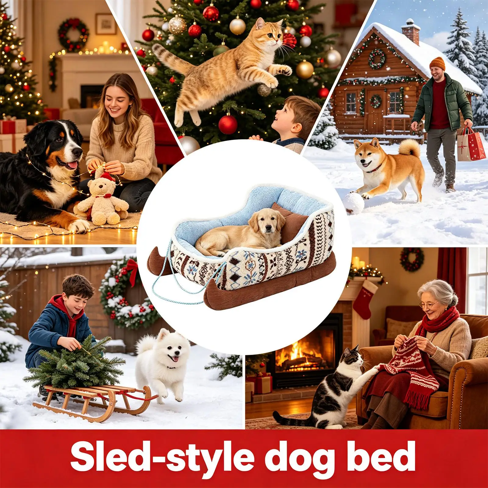 Christmas Sled Shaped Sofa Bed Funny Soft Washable Indoor Doghouse Santa Sleigh Dog Sofa Bed Pet Supplies For Dogs And Cats