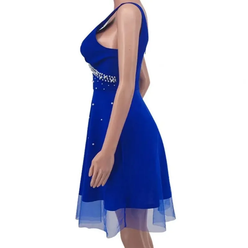 Senhora verão vestido de baile elegante decote em v pérola embelezado a linha vestido de noite com dupla camada de malha sobreposição cintura alta para o verão