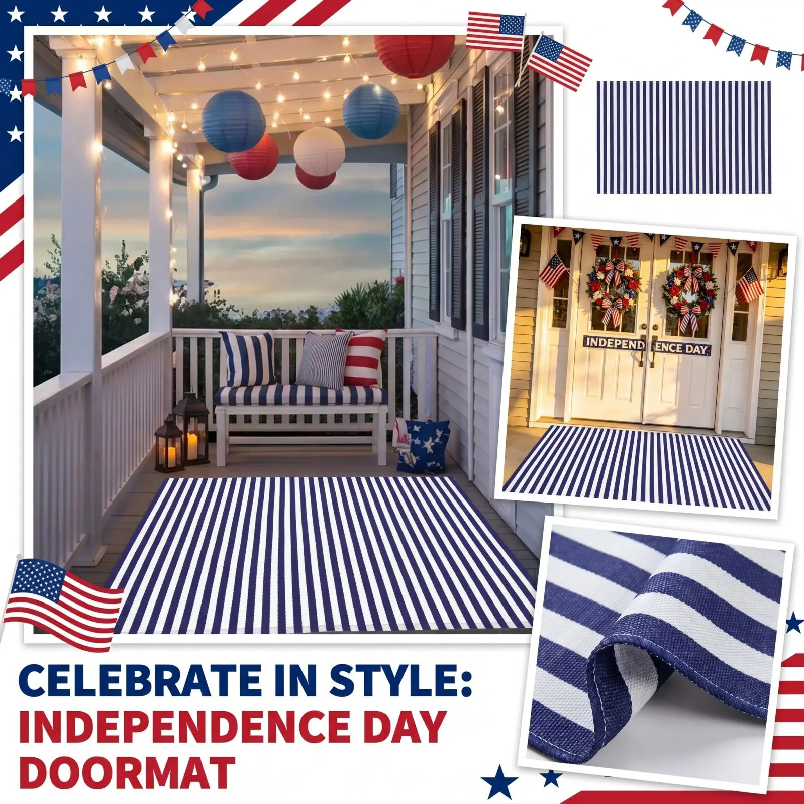 

92*153cm Independence Day Blue and White Striped Rug, 4th of July Door Mat, Welcome Doormats, Front Porch Decor Floor Carpet